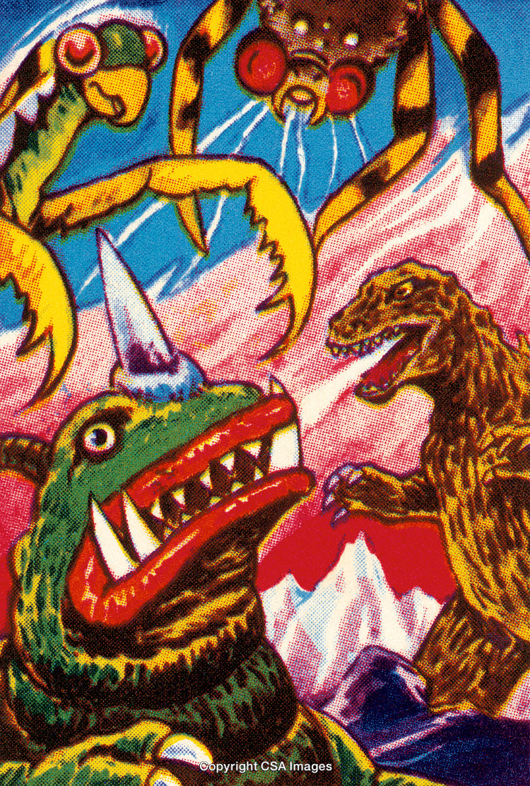 Colorful Vintage Illustration of Mythical Monsters in a Dynamic Scene