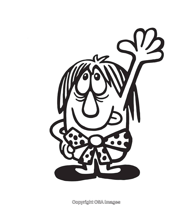 Black and White Cartoon Character Waving Hand with a Cheerful Expression