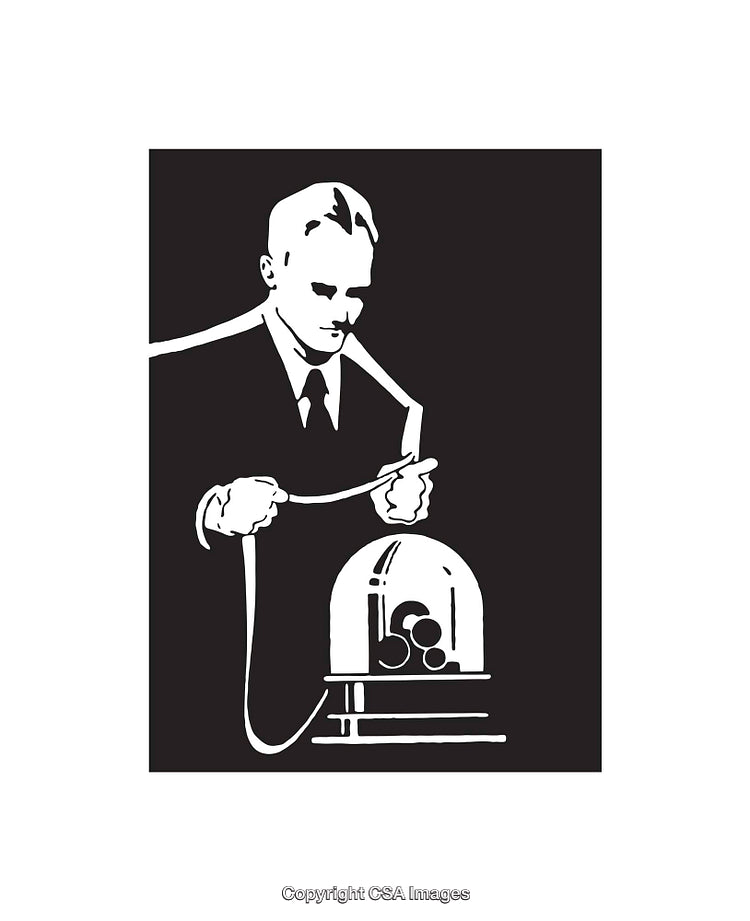Vintage Black and White Line Art of a Scientist with Equipment