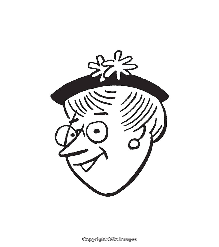 Black and White Cartoon Illustration of Elderly Woman Wearing a Decorative Hat
