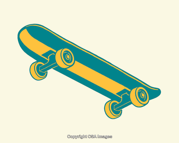 Minimalist Color Illustration of a Skateboard with Yellow and Blue Design