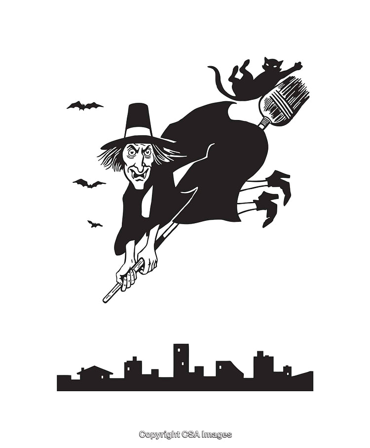 Flying Witch Over City in Black and White Art