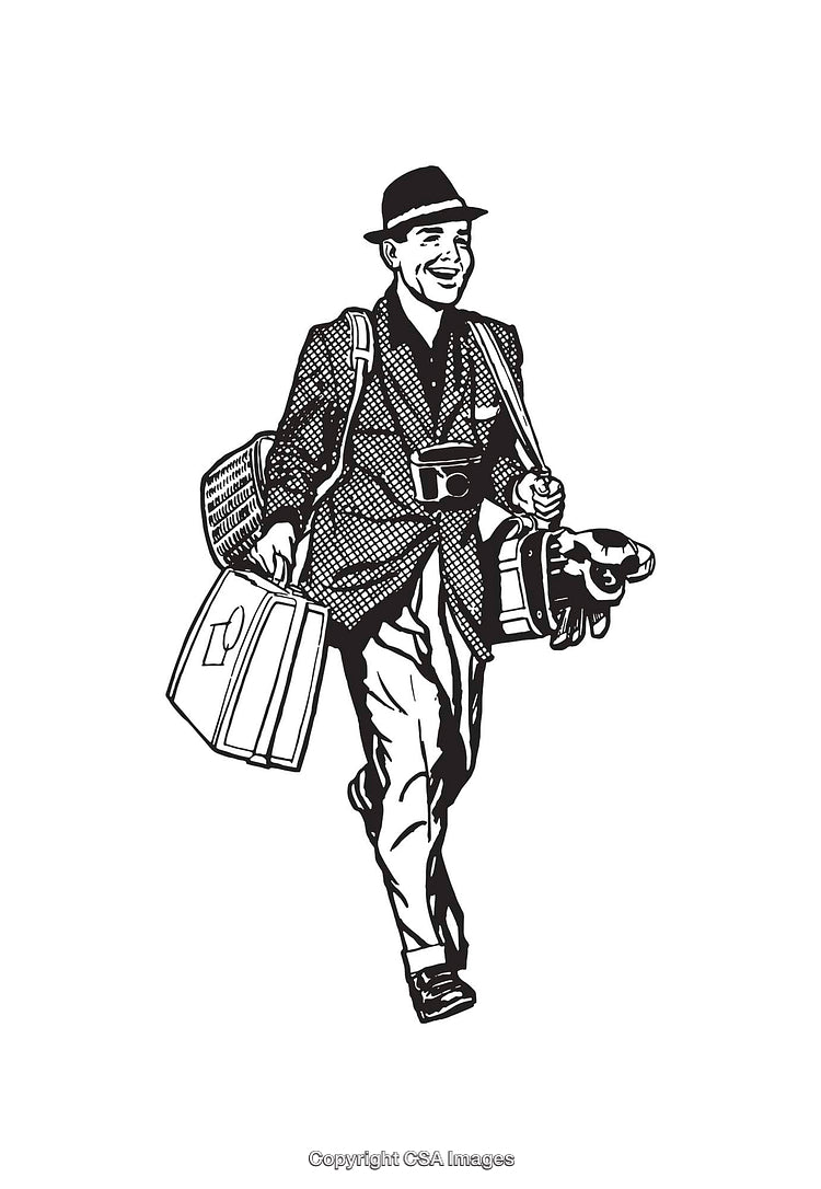 Vintage Illustration of a Traveler Carrying Luggage and Accessories