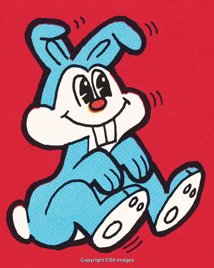 Cheerful Blue Cartoon Bunny on a Vibrant Red Background