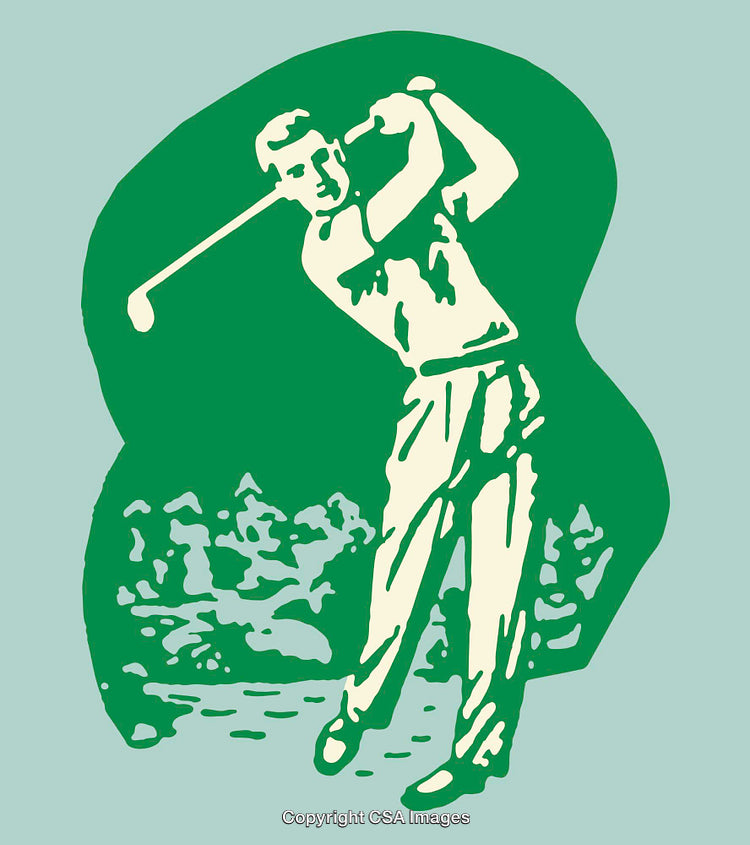 Vintage Golf Scene Illustration of a Golfer Performing a Tee Shot