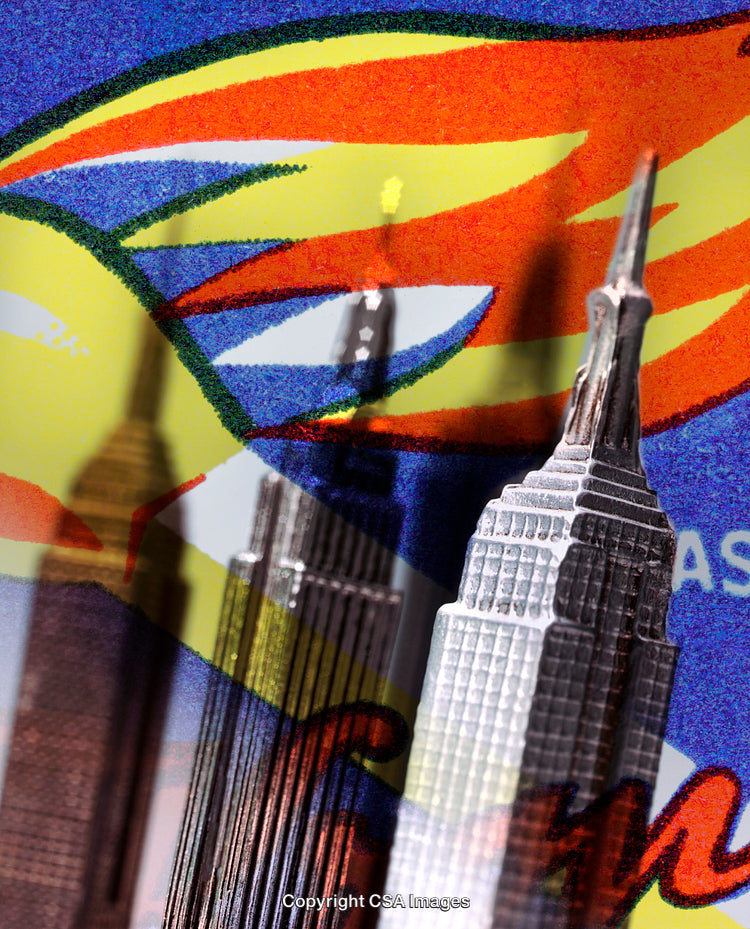 Colorful Artistic Composition Featuring Miniature Skyscrapers and Abstract Design