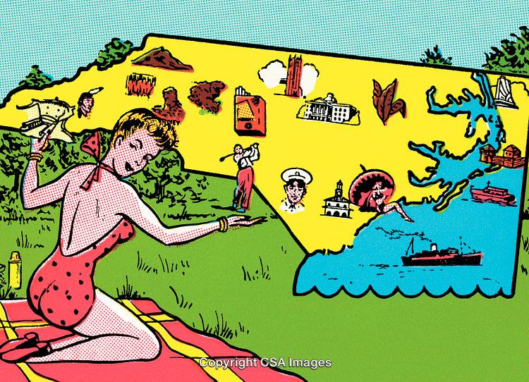 Colorful Illustrated Map With Beach Scene and State Landmarks