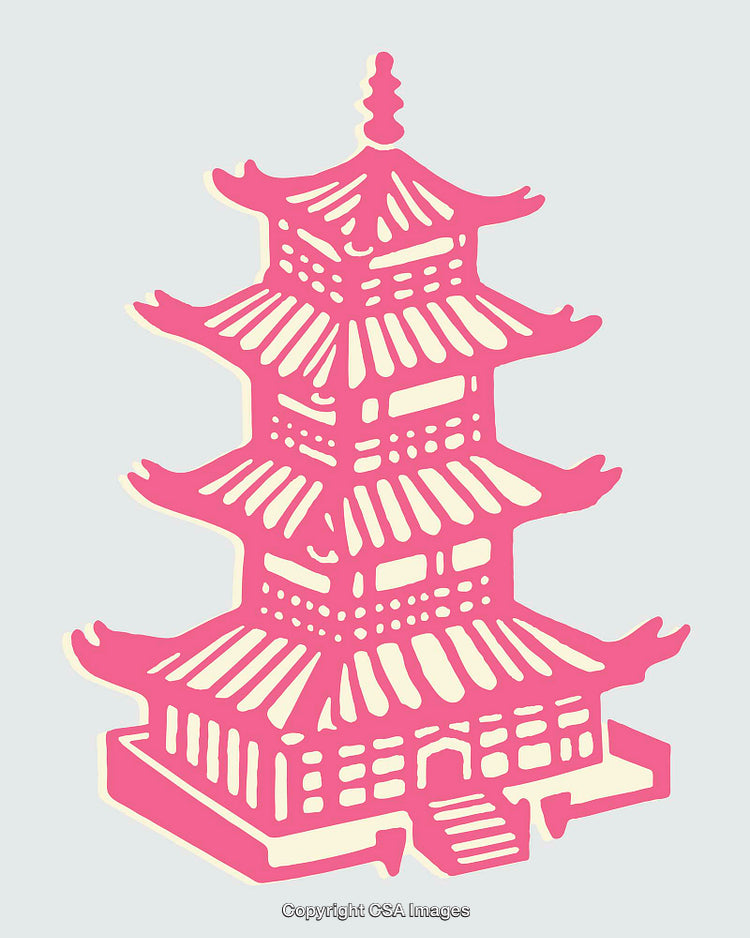 Vibrant Pink Line Illustration of a Traditional Asian Pagoda