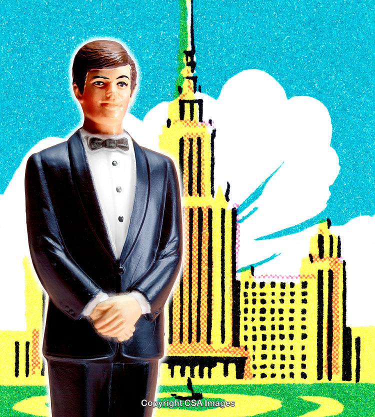 Stylish Plastic Figure With Retro City Skyline Background in Bright Colors