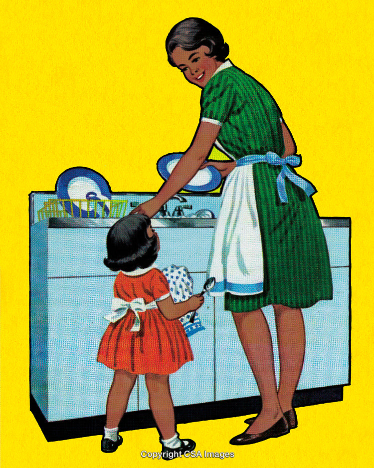 Mother and Daughter at Kitchen Sink Washing Dishes in Vibrant Yellow Setting