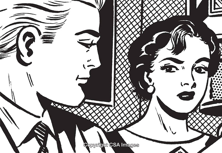 Retro Black and White Comic Illustration of a Man and Woman
