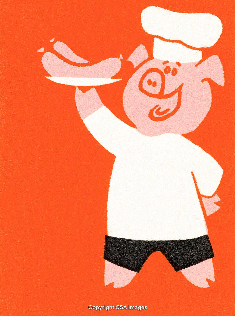 Illustration of a Chef Pig with Sausages on an Orange Background