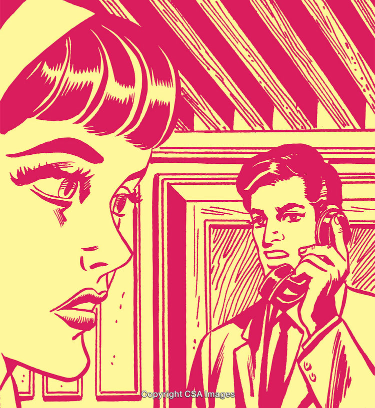 Retro Pop Art Style of Man on Phone and Concerned Woman