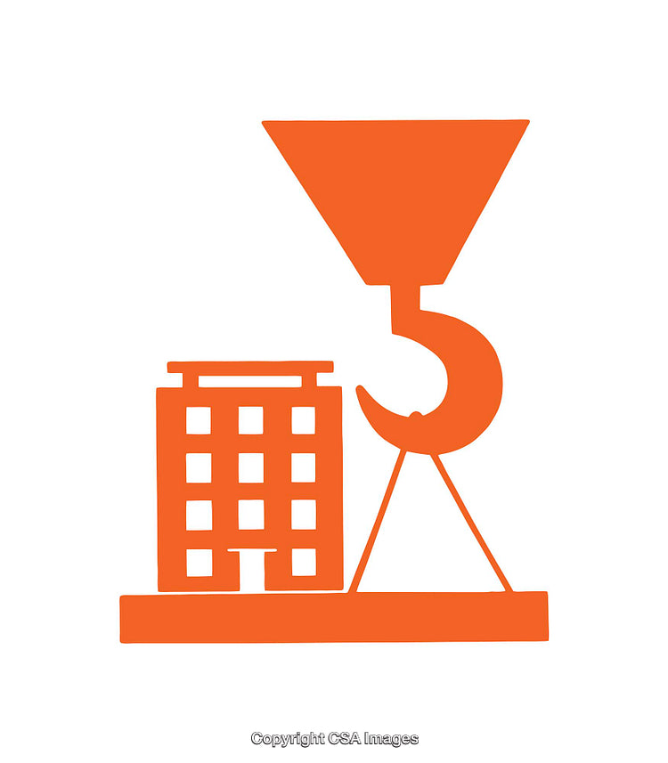 Orange Construction Crane Icon Over Building on White Background