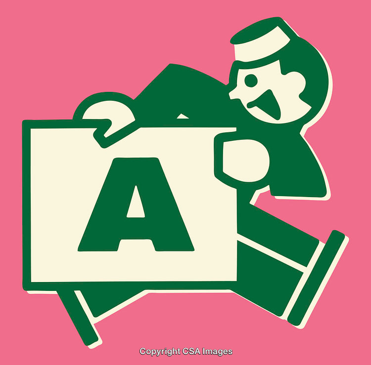 Retro Character Running with Large Letter A on Pink Background