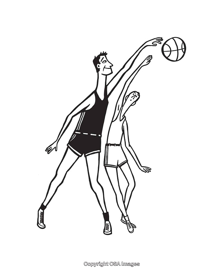 Black and White Line Art of Basketball Players in Action