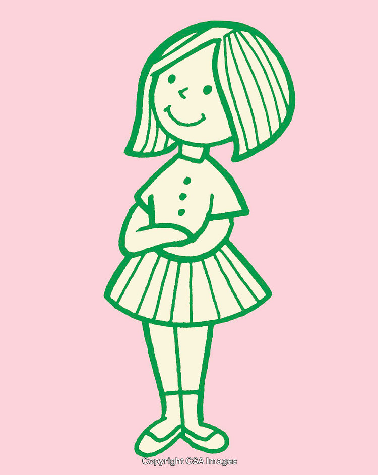 Playful Girl in Green and Pink Line Art Illustration