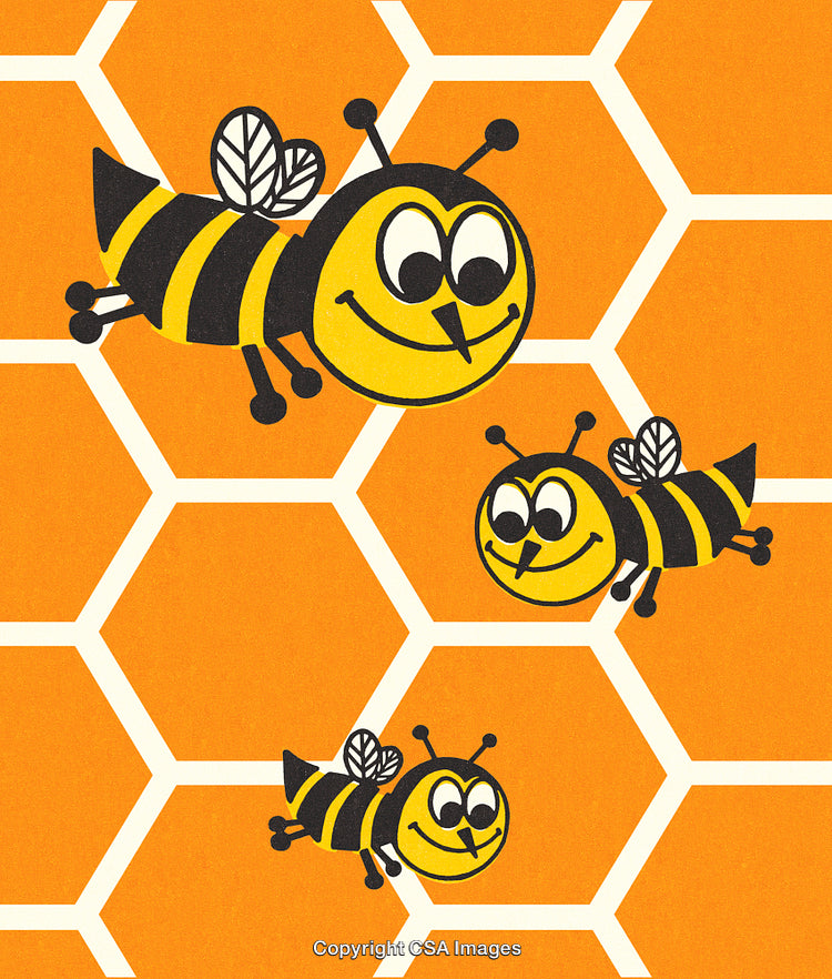 Cheerful Cartoon Bumblebees on a Bright Orange Honeycomb Background