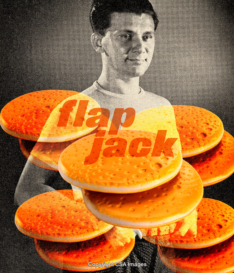 Retro-Themed Collage Featuring Pancakes and Vintage Aesthetic Male Portrait