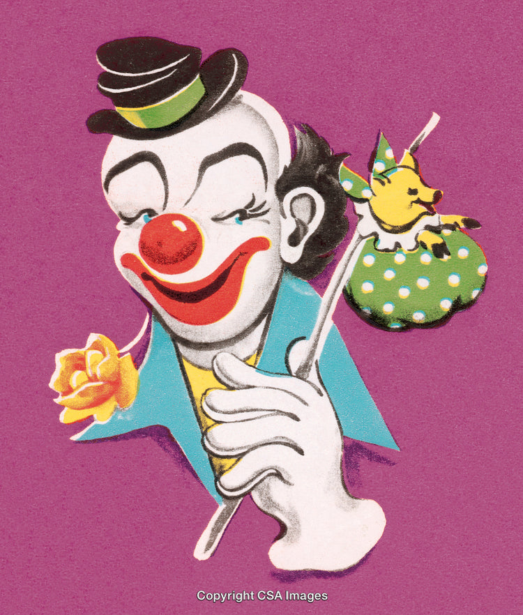 Vintage Clown Illustration with Puppet Dog and Yellow Rose on Colorful Background