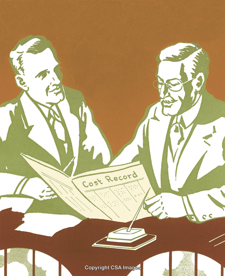 Two Professionals Analyzing Cost Report in Vintage Styled Illustration