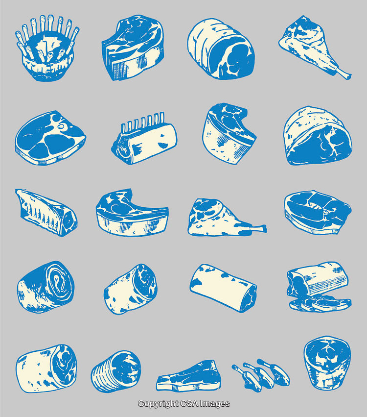 Collection of Blue Line Art Illustrations of Various Meat Cuts
