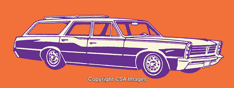 Retro Station Wagon in Bold Graphic Line Art Design on Orange Background