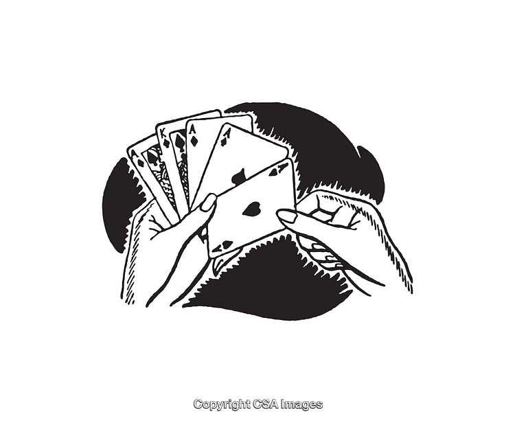 Black and White Line Art Illustration of Playing Card Hand
