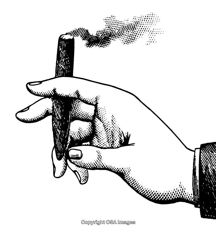 Detailed Black and White Engraving of a Hand Holding a Smoking Cigar