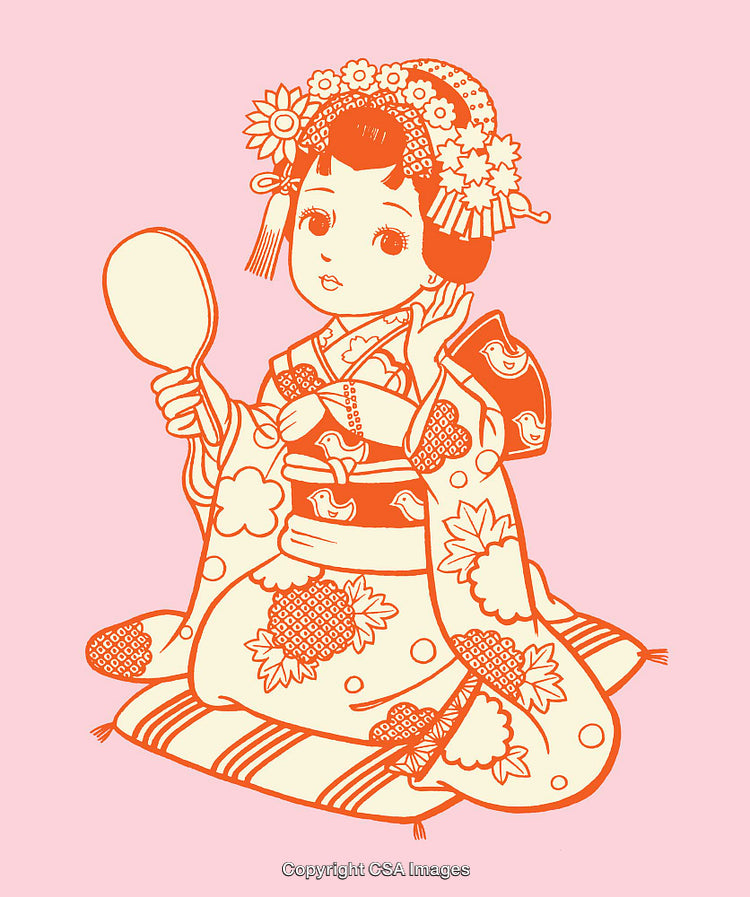 Japanese-Inspired Line Art of Girl in Kimono Holding Mirror