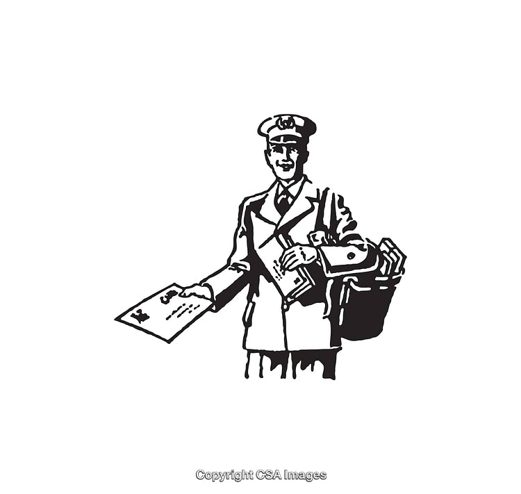 Vintage Line Art Illustration of a Smiling Postman Delivering Mail