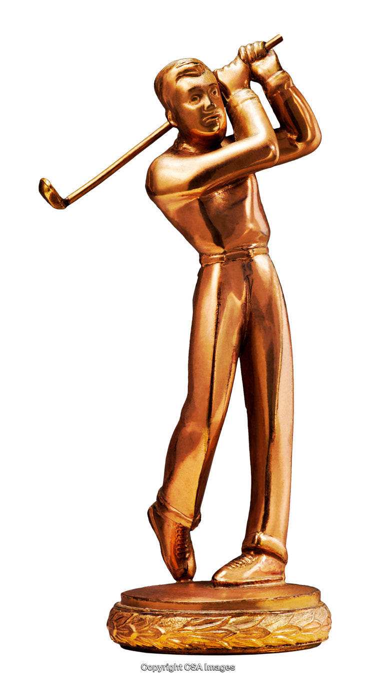 Golden Trophy Depiction of a Golfer Swinging a Golf Club in Perfect Form