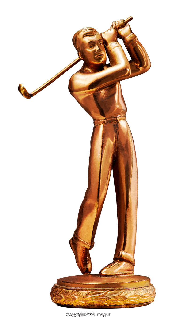 Golden Trophy Depiction of a Golfer Swinging a Golf Club in Perfect Form