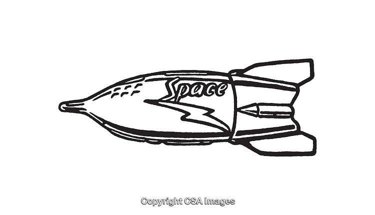 Black and White Line Art of Retro Rocket Design with Space Theme