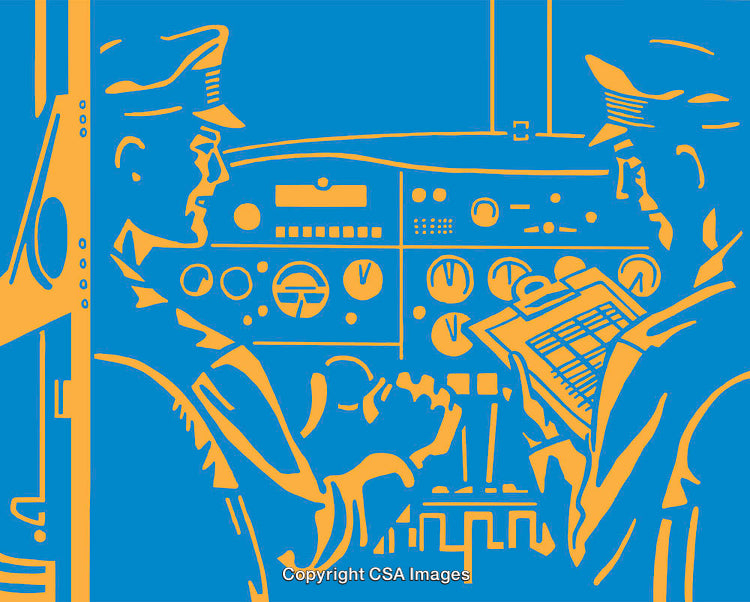 Colorful Line Art Illustration of Pilots in Aircraft Cockpit Checking Instruments