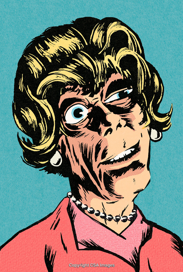 Colorful Comic Illustration of a Vintage Female Portrait With a Distorted Expression