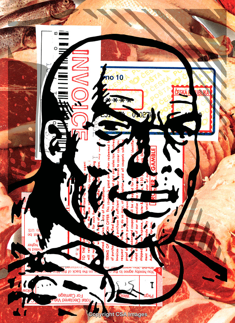 Abstract Collage Featuring Text, Portrait, and Meat Textures