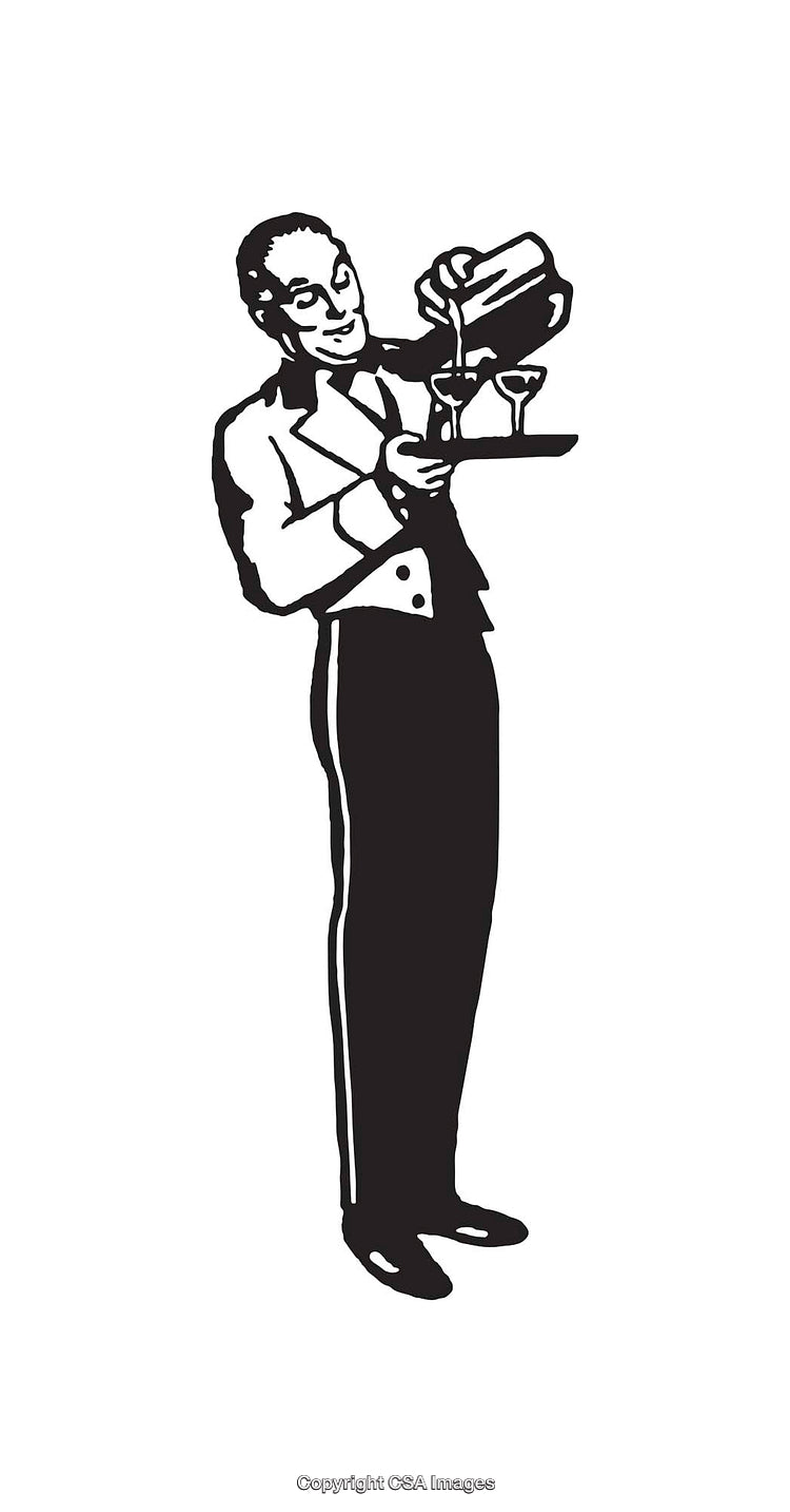 Classic Black and White Illustration of a Formal Waiter Pouring Drinks