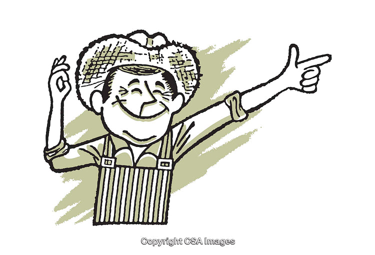Cheerful Cartoon Farmer Gesturing in Overalls with Hat