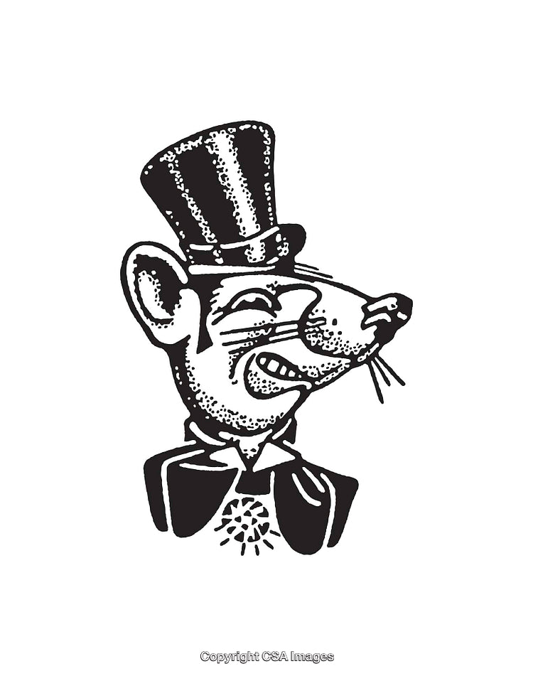 Black and White Illustration of Anthropomorphic Mouse in Top Hat and Suit