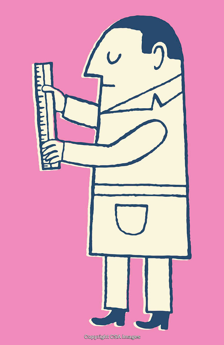 Cartoon Illustration of Man Measuring with a Ruler on Pink Background