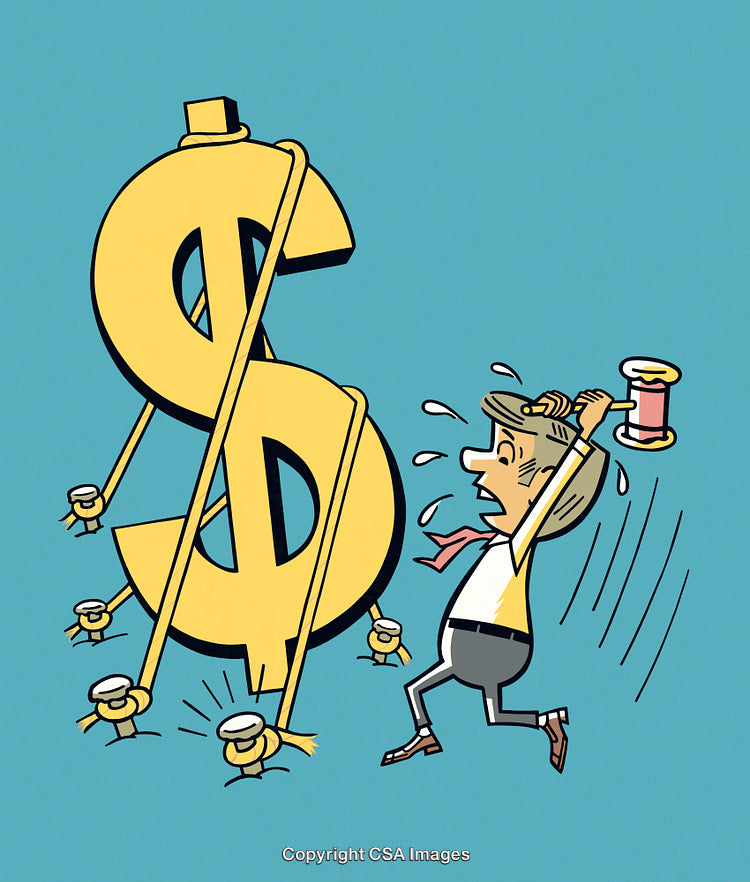 Cartoon Illustration of Man Struggling with Financial Burden Represents Financial Stress