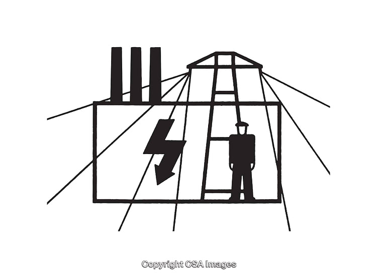 Abstract Industrial Line Art with Human Silhouette and Lightning Bolt