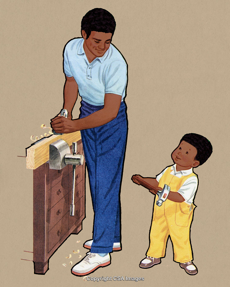 Father and Son Engaging in Woodworking Together in a Heartwarming Scene