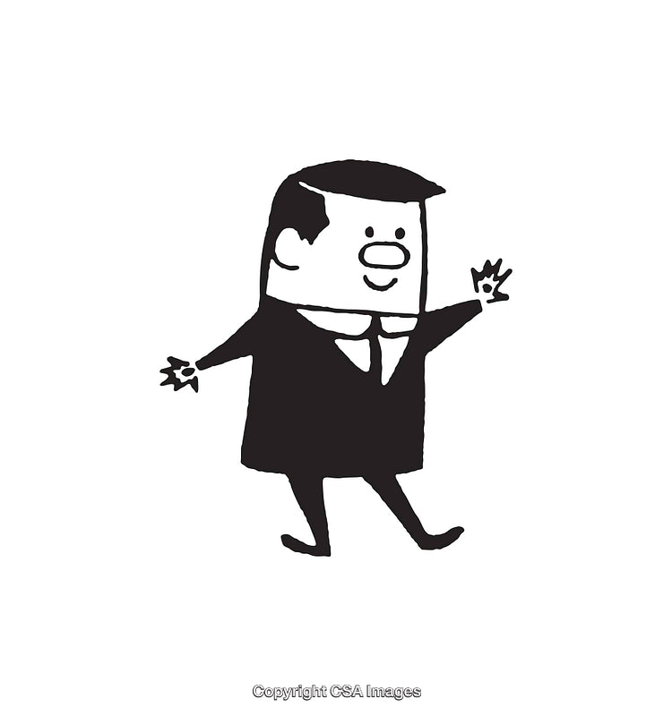 Black and White Illustrated Businessman in Formal Attire Smiling and Waving