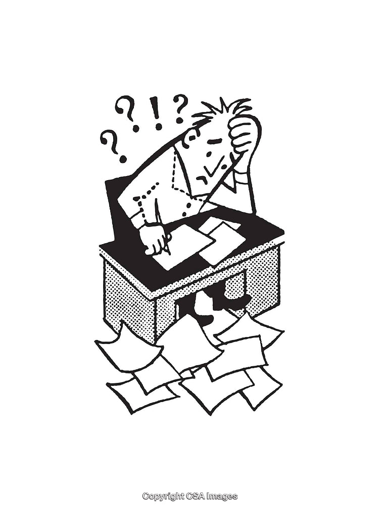 Frustrated Character Working Among Piles of Papers and Question Marks