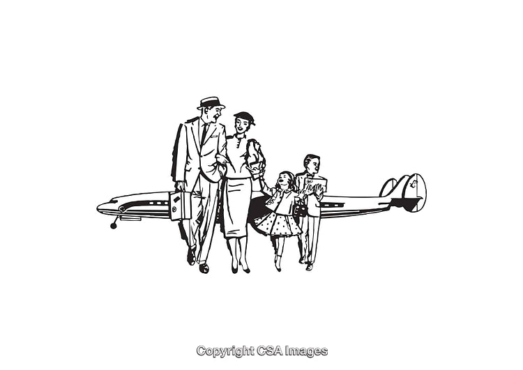 Vintage Family Travel Illustration Featuring Airplane in Black and White Line Art