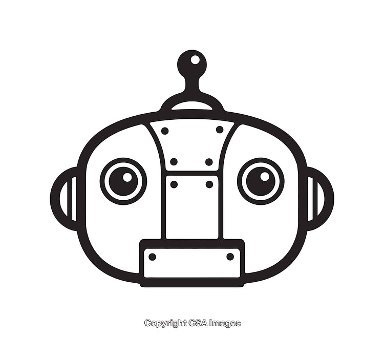 Black and White Line Art of a Friendly Robot Face Design