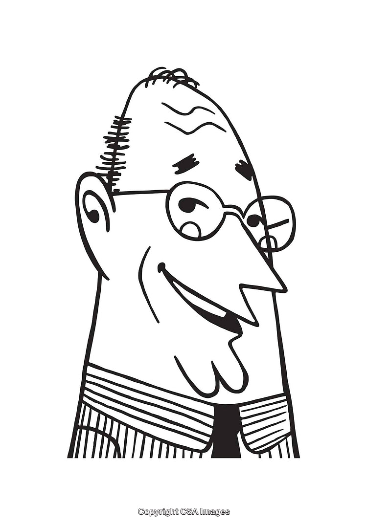 Black and White Line Art of Smiling Cartoon Character in Glasses