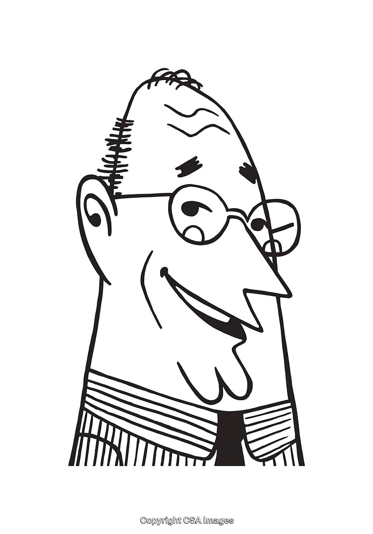 Black and White Line Art of Smiling Cartoon Character in Glasses